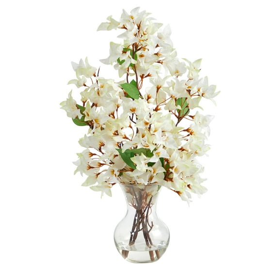 Nearly Natural 22in. Artificial Bougainvillea Arrangement with Fluted Glass Vase, White