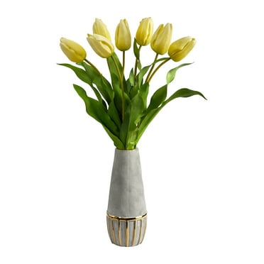 Nearly Natural 22in. Dutch Tulip Artificial Arrangement in Stoneware Vase with Gold Trimming