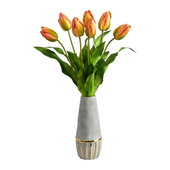 Nearly Natural 22in. Dutch Tulip Artificial Arrangement in Stoneware Vase with Gold Trimming