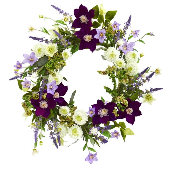 Nearly Natural 22in. Mixed Flower Artificial Wreath, Purple