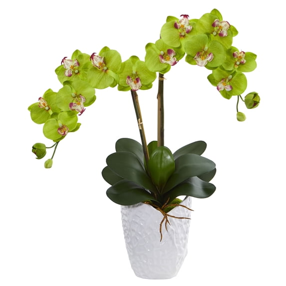 Nearly Natural 23" Double Phalaenopsis Orchid Artificial Flower Arrangement in White Ceramic Vase, Green