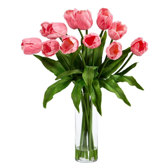 Nearly Natural 23in. Artificial Tulip Arrangement with Cylinder Glass Vase, Pink