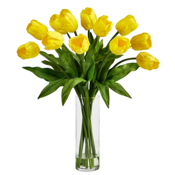 Nearly Natural 23in. Artificial Tulip Arrangement with Cylinder Glass Vase, Yellow