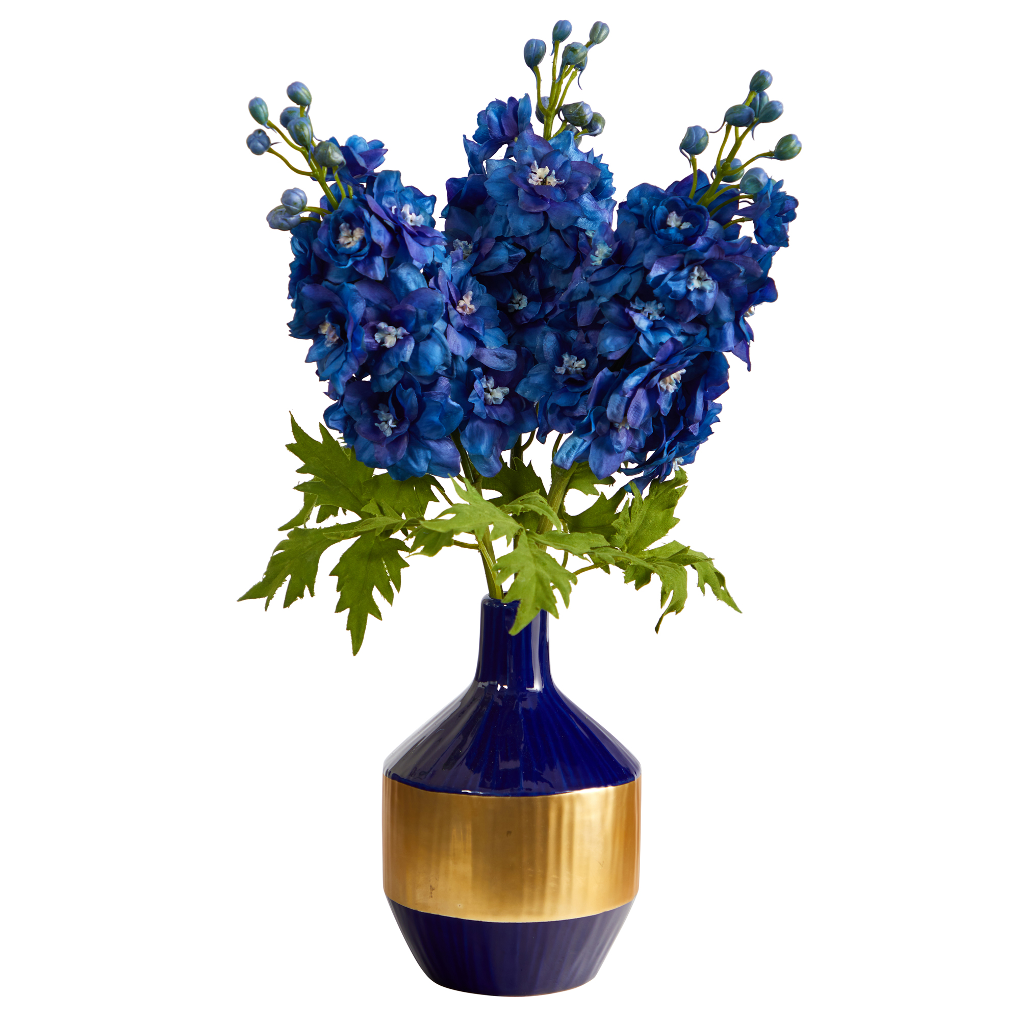 Nearly Natural 23in. Delphinium Artificial Arrangement in Blue and Gold ...
