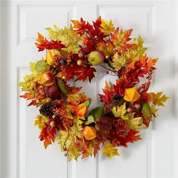 Nearly Natural 24" Autumn Maple Leaf and Berries Fall Artificial Wreath - Orange