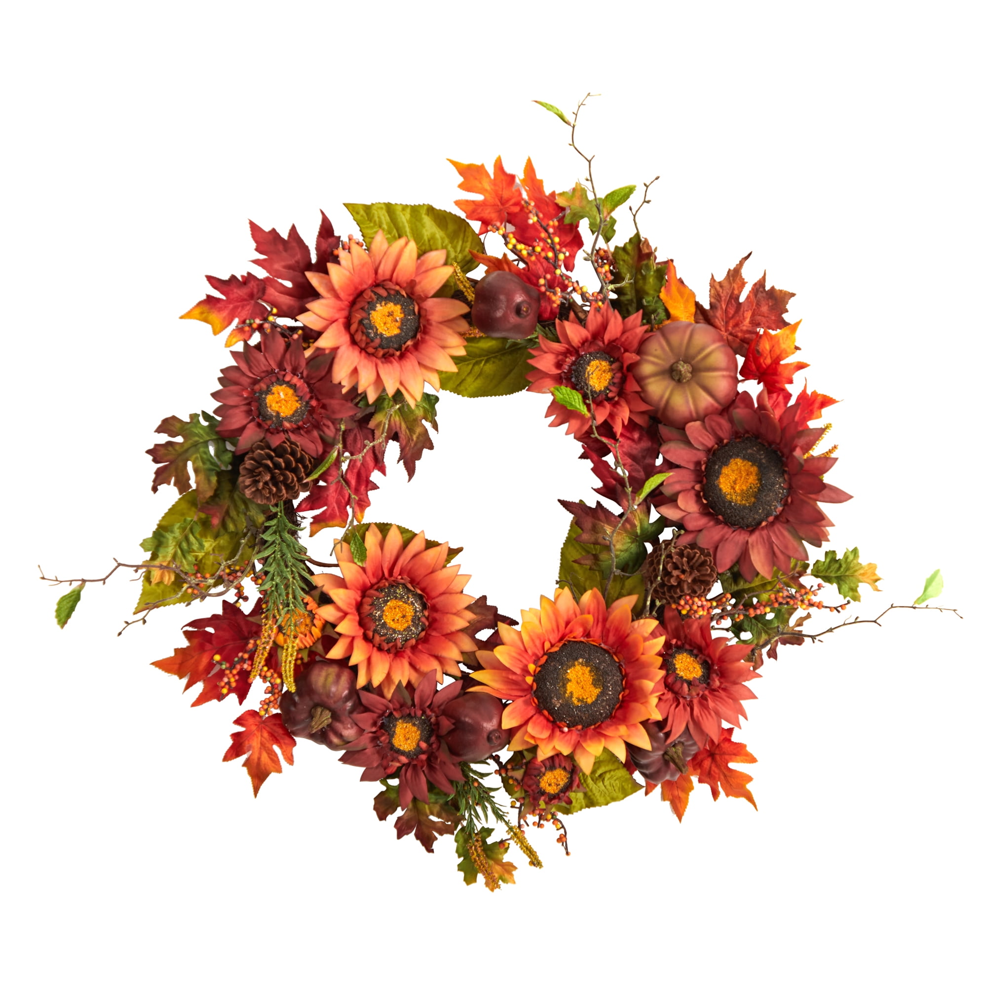 Nearly Natural 24" Autumn Sunflower, Pumpkin, Pinecone and Berries Fall Artificial Wreath, Orange
