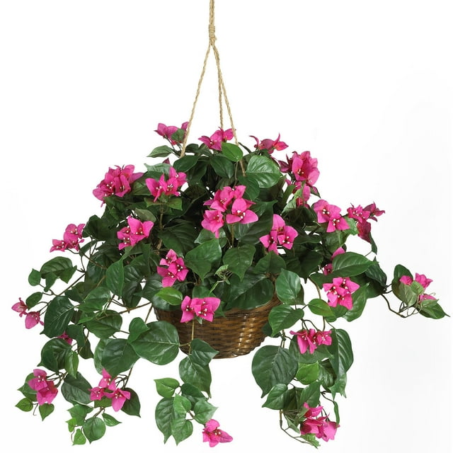 Nearly Natural 24" Bougainvillea Hanging Basket Artificial Plant, Pink