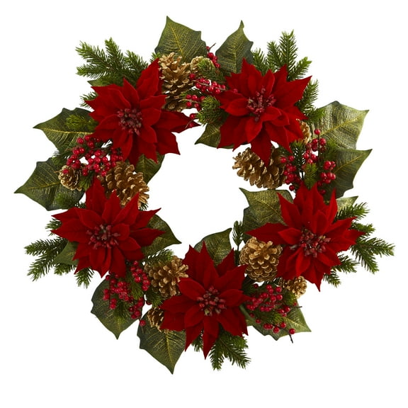 Nearly Natural 24" Christmas Poinsettia, Berry and Golden Pinecone Artificial Wreath