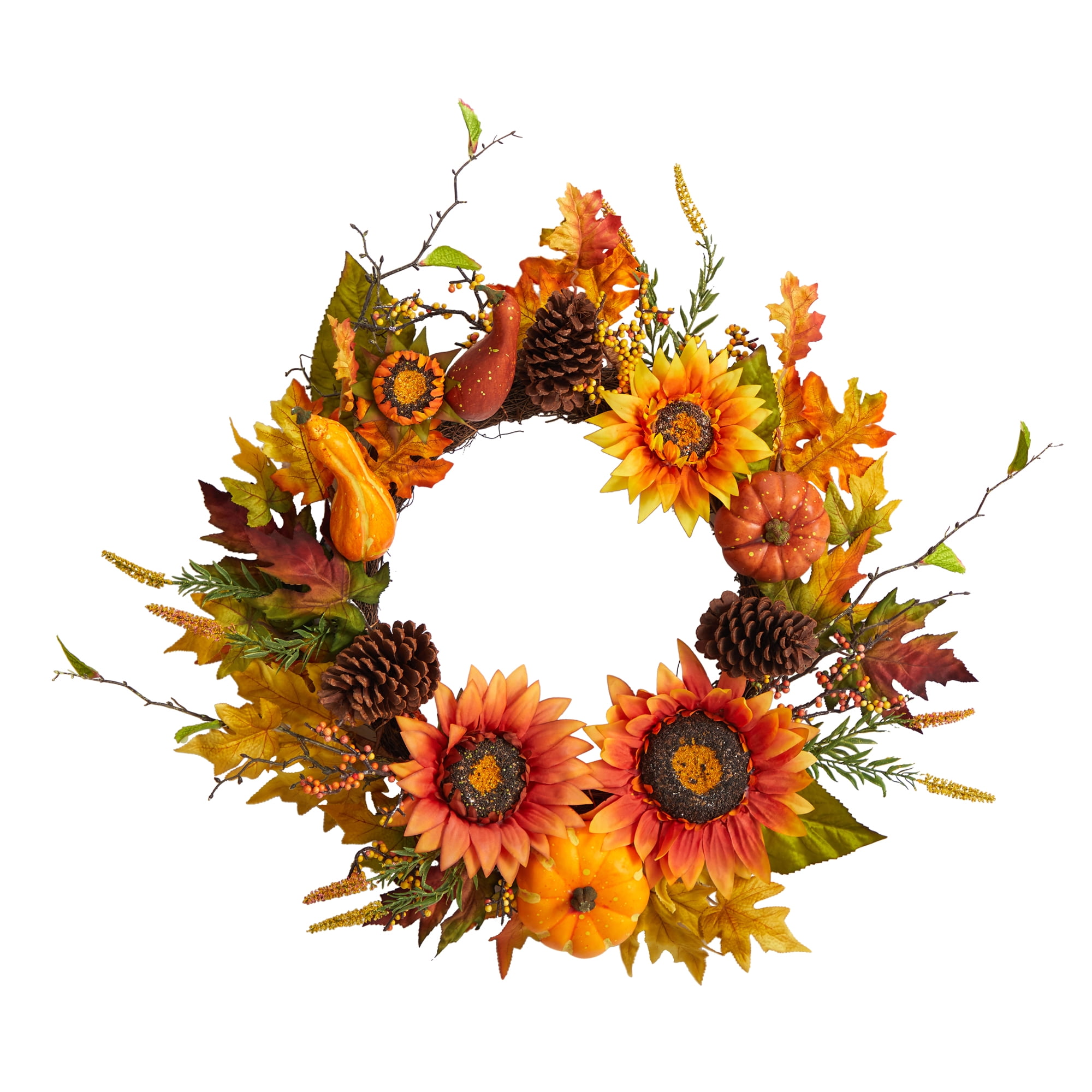 Nearly Natural 24" Fall Sunflower, Pumpkin, Gourds, Pinecone and Berries Autumn Artificial Wreath, Orange