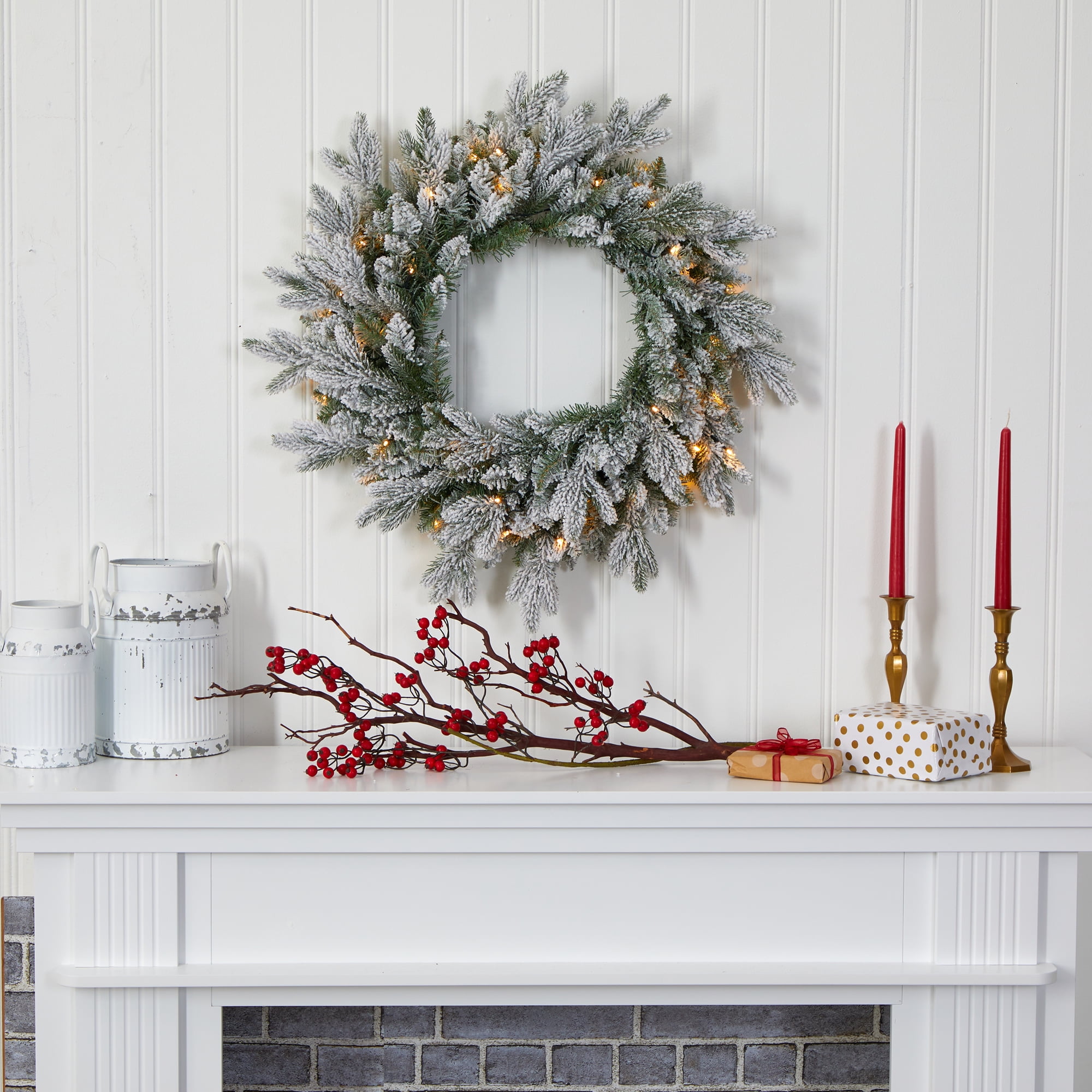 Nearly Natural 24" Flocked Artificial Christmas Wreath with 50 LED Lights