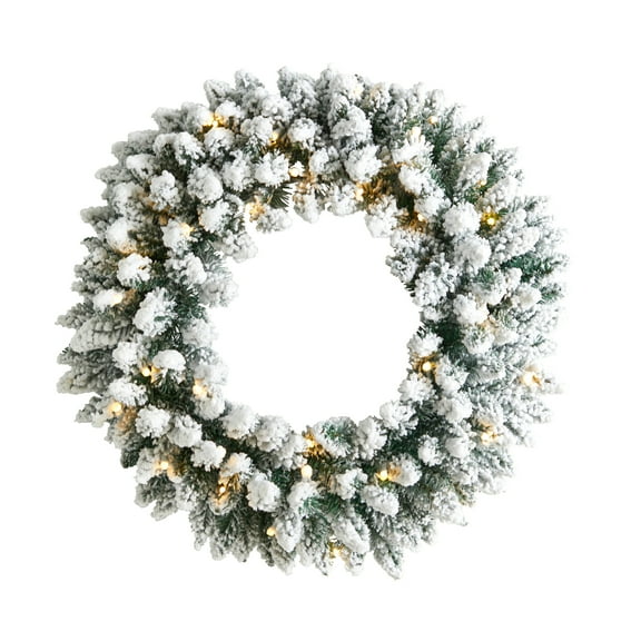Nearly Natural 24" Green Flocked Artificial Christmas Wreath Prelit 35 Warm White LED Lights