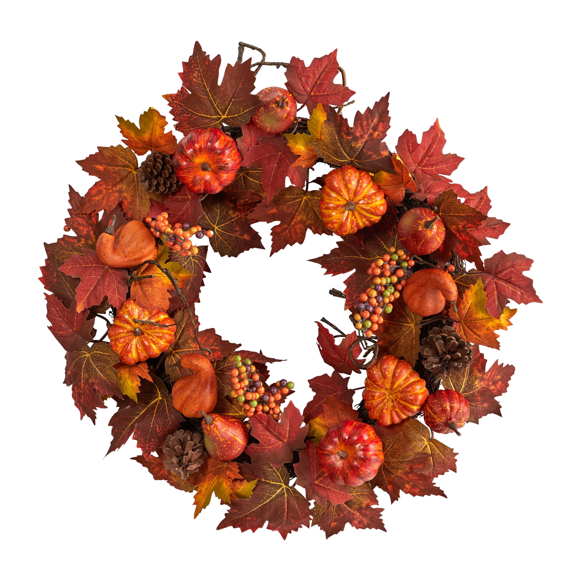 24" Autumn Velvet Pumpkin and Maple Leaf Wreath