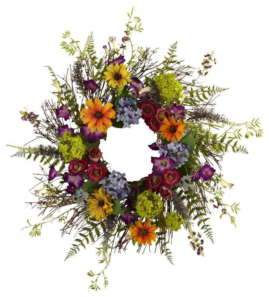 Vibrant Multicolor 24" Artificial Spring Garden Wreath with Twig Base