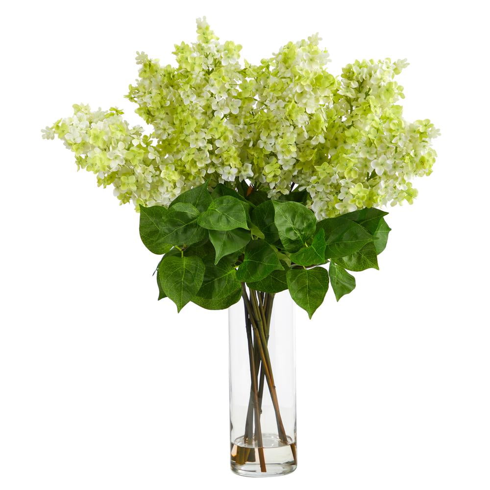 Nearly Natural 24" Green Artificial Lilac Arrangement with Glass Vase