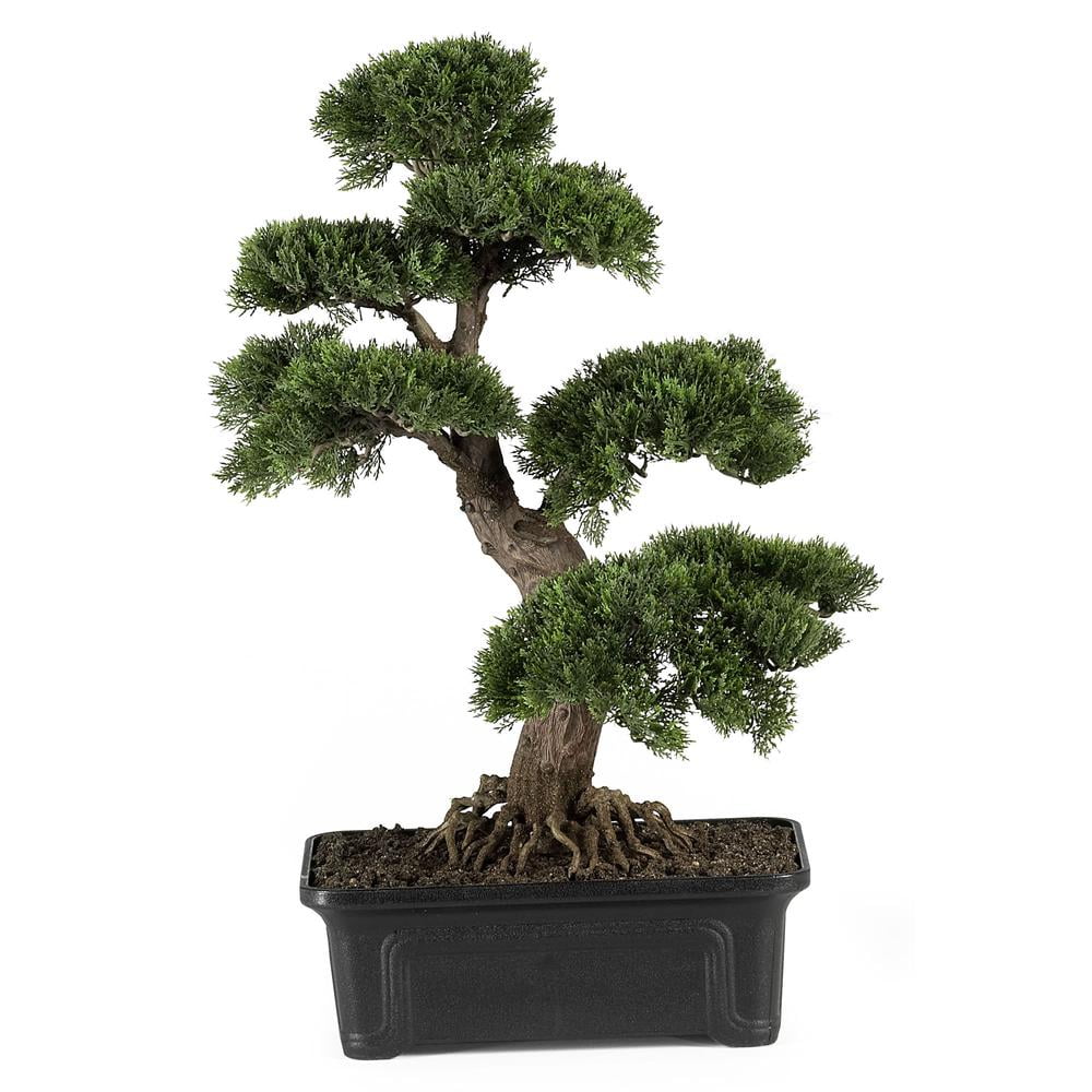 24-inch Green Cedar Bonsai Silk Plant in Black Rectangular Pot