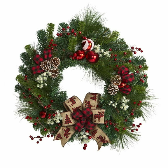 Nearly Natural 24in. Christmas Pine Artificial Wreath with Pine Cones and Ornaments