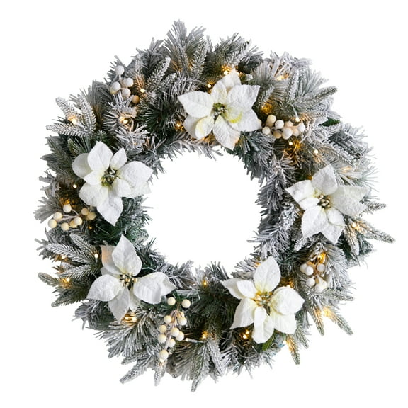 Nearly Natural 24in. Flocked Poinsettia and Pine Artificial Christmas Wreath with 50 Warm White LED Lights