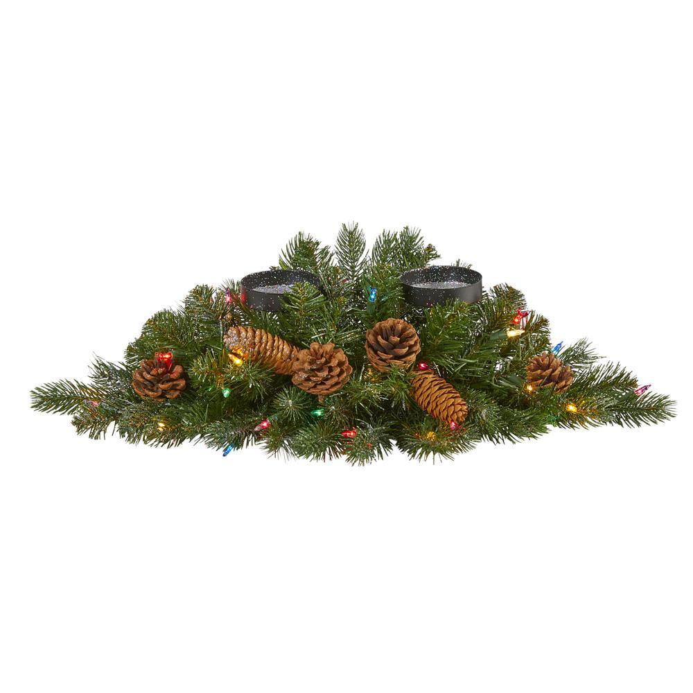 24" Green and Brown Artificial Christmas Candelabrum with Multicolor Lights
