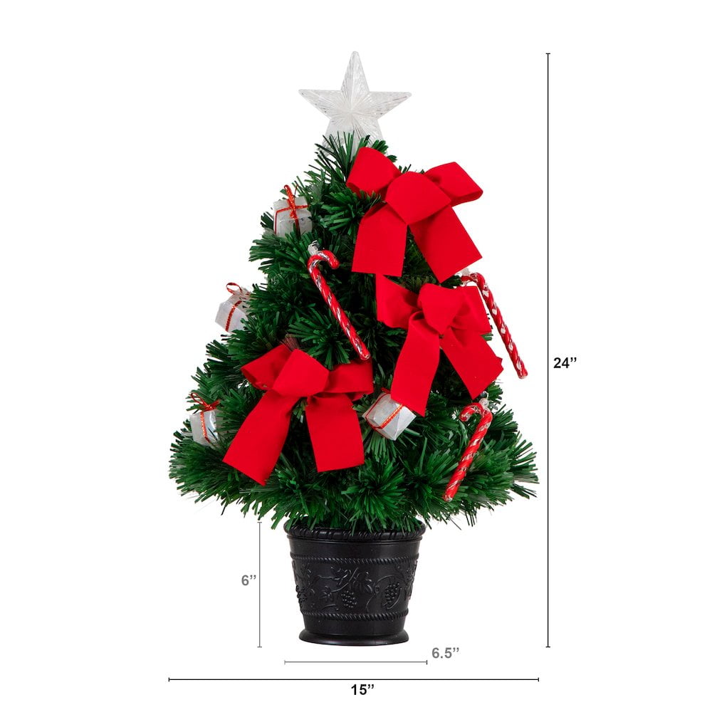 24" Pre-Lit Fiber Optic Fir Christmas Tree with Red Bows