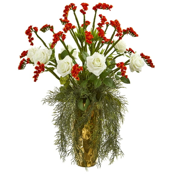 Nearly Natural 25in. Rose Artificial Arrangement in Designer Gold Vase
