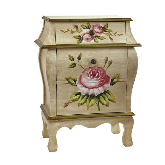 Nearly Natural 26.5in. Wood Antique Night Stand with Floral Art, Pink