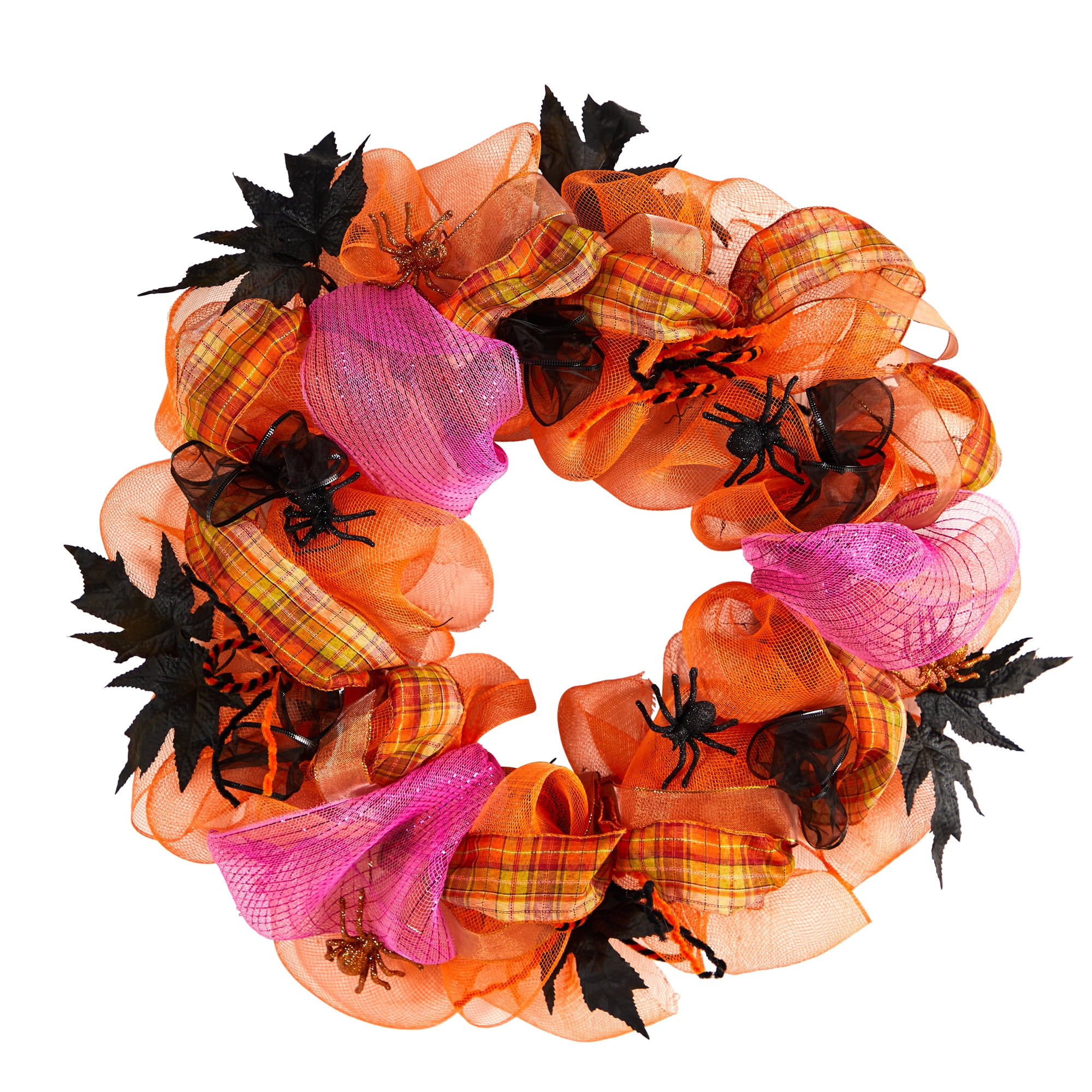 Nearly Natural 26" Halloween Spider Mesh Wreath, Orange