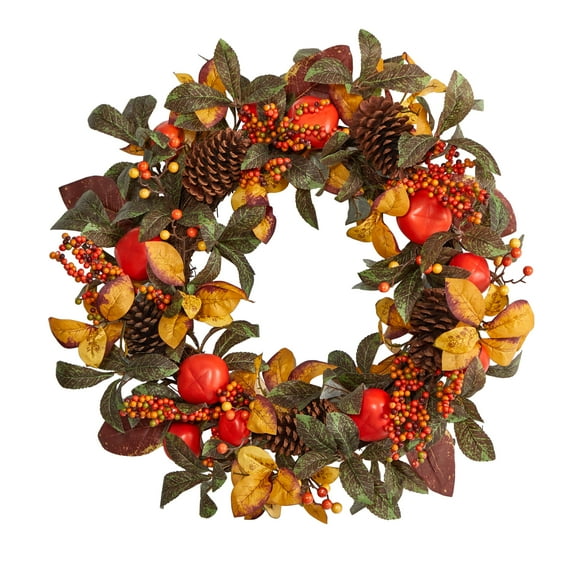 Nearly Natural 26" Orange Autumn Persimmon and Pinecones Artificial Fall Wreath