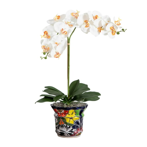 Nearly Natural 26in. Artificial Double Orchid Arrangement in Handmade Mexican Talavera Ceramic Planter