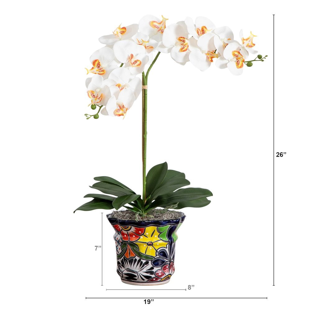 26" White Artificial Double Orchid in Multicolor Ceramic Planter