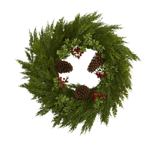 Nearly Natural 26in. Cypress with Berries and Pine Cones Artificial Wreath
