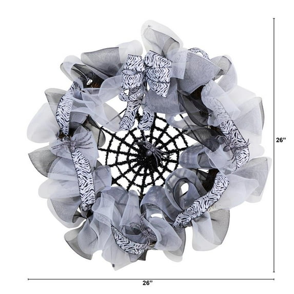 Nearly Natural 26" Halloween Spider Web Mesh Wreath with Decorative Bows - Black