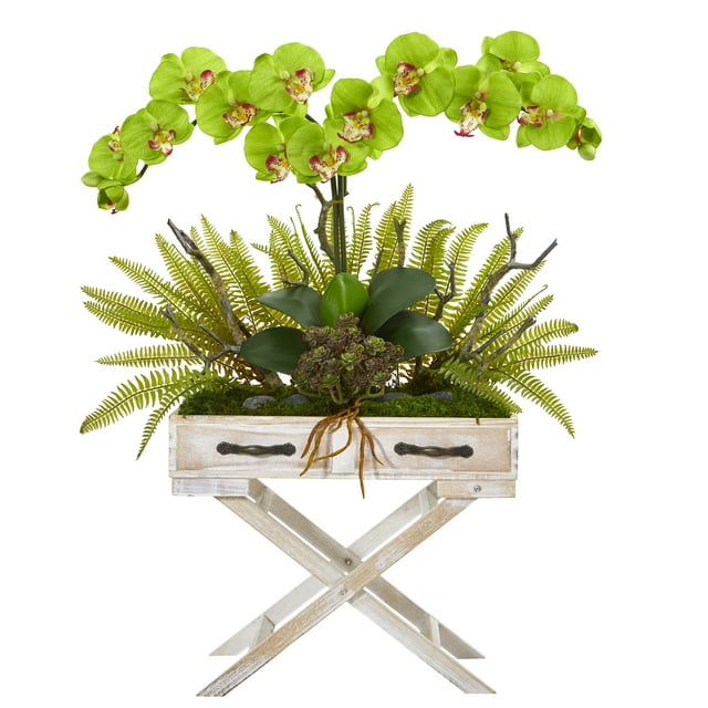 Nearly Natural 26in. Phalaenopsis Orchid, Fern and Succulent Artificial Arrangement in Drawer Planter, Green