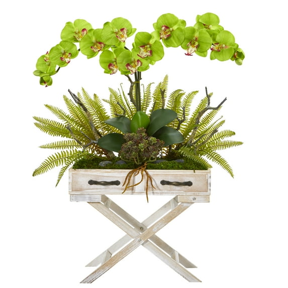 Nearly Natural 26in. Phalaenopsis Orchid, Fern and Succulent Artificial Arrangement in Drawer Planter, Green