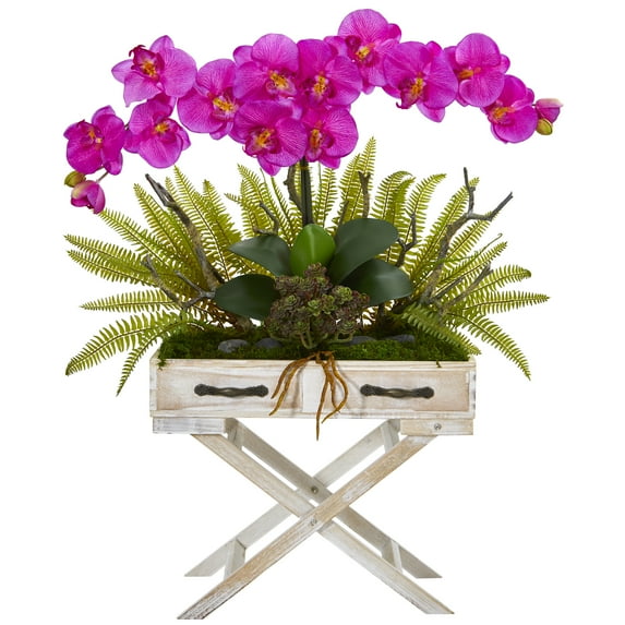 Nearly Natural 26in. Phalaenopsis Orchid, Fern and Succulent Artificial Arrangement in Drawer Planter
