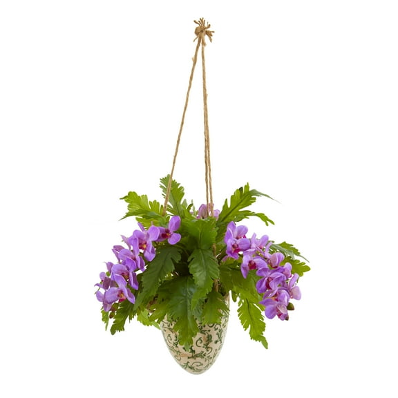 Nearly Natural 26in. Phalaenopsis Orchid and Fern Artificial Plant in Hanging Vase
