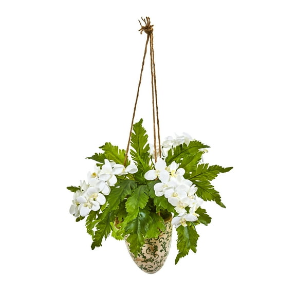 Nearly Natural 26in. Phalaenopsis Orchid and Fern Artificial Plant in Hanging Vase