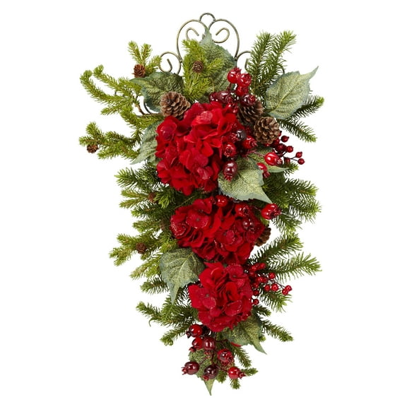 Nearly Natural 27" Christmas Hydrangea Artificial Flower Teardrop, Red