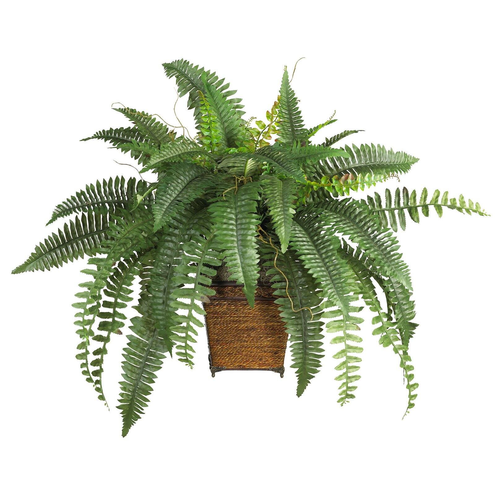 Nearly Natural Green Silk Fern in Wicker Basket