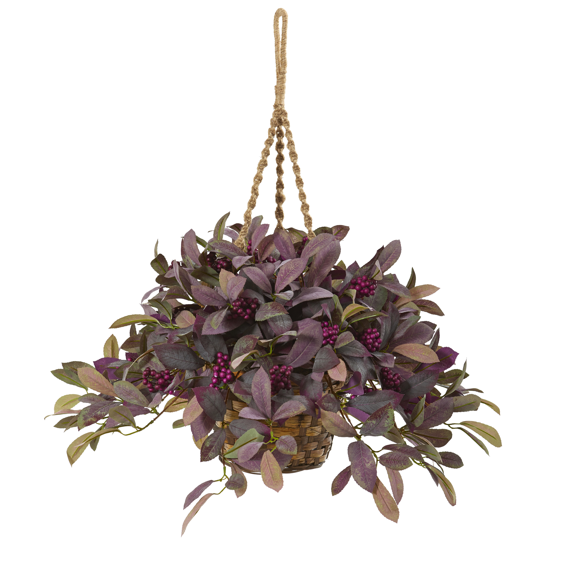 Nearly Natural 28in. Fall Laurel Leaf with Berries Artificial Plant in Hanging Basket, Lavender
