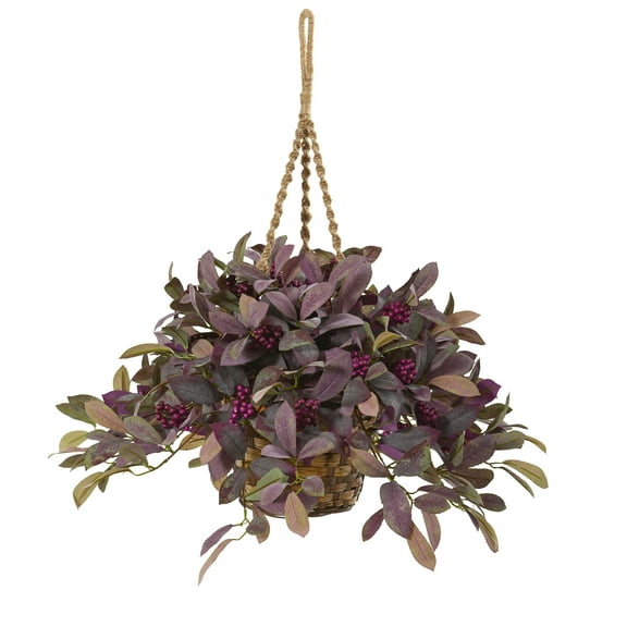 Nearly Natural 28in. Fall Laurel Leaf with Berries Artificial Plant in Hanging Basket, Lavender