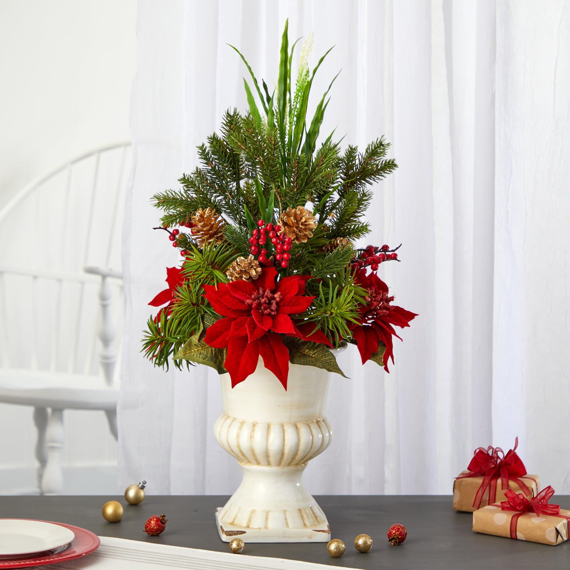Nearly Natural 28in. Poinsettia, Grass and Succulent Artificial Arrangement in White Urn, Red