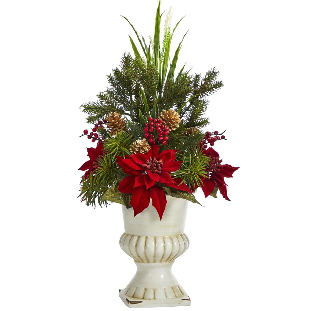 Nearly Natural 28in. Poinsettia, Grass and Succulent Artificial Arrangement in White Urn