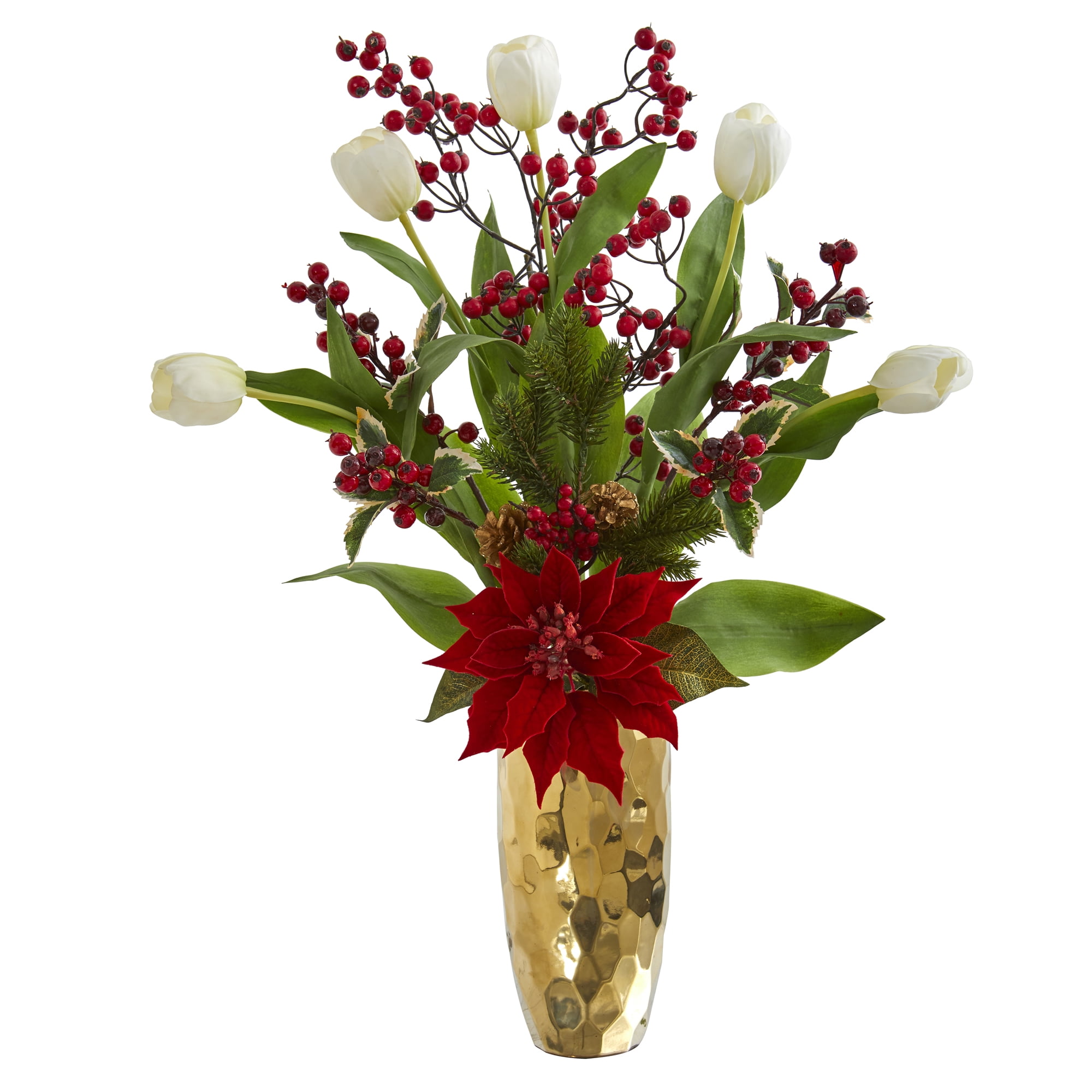Nearly Natural 28in. Tulip, Poinsettia and Berry Artificial Arrangement in Golden Vase