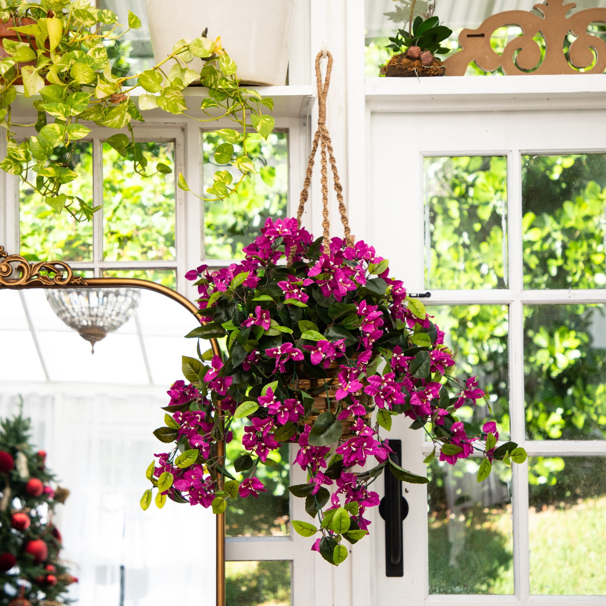 Nearly Natural UV-Resistant Outdoor Artificial Bougainvillea with Hanging Basket - 28" - Purple