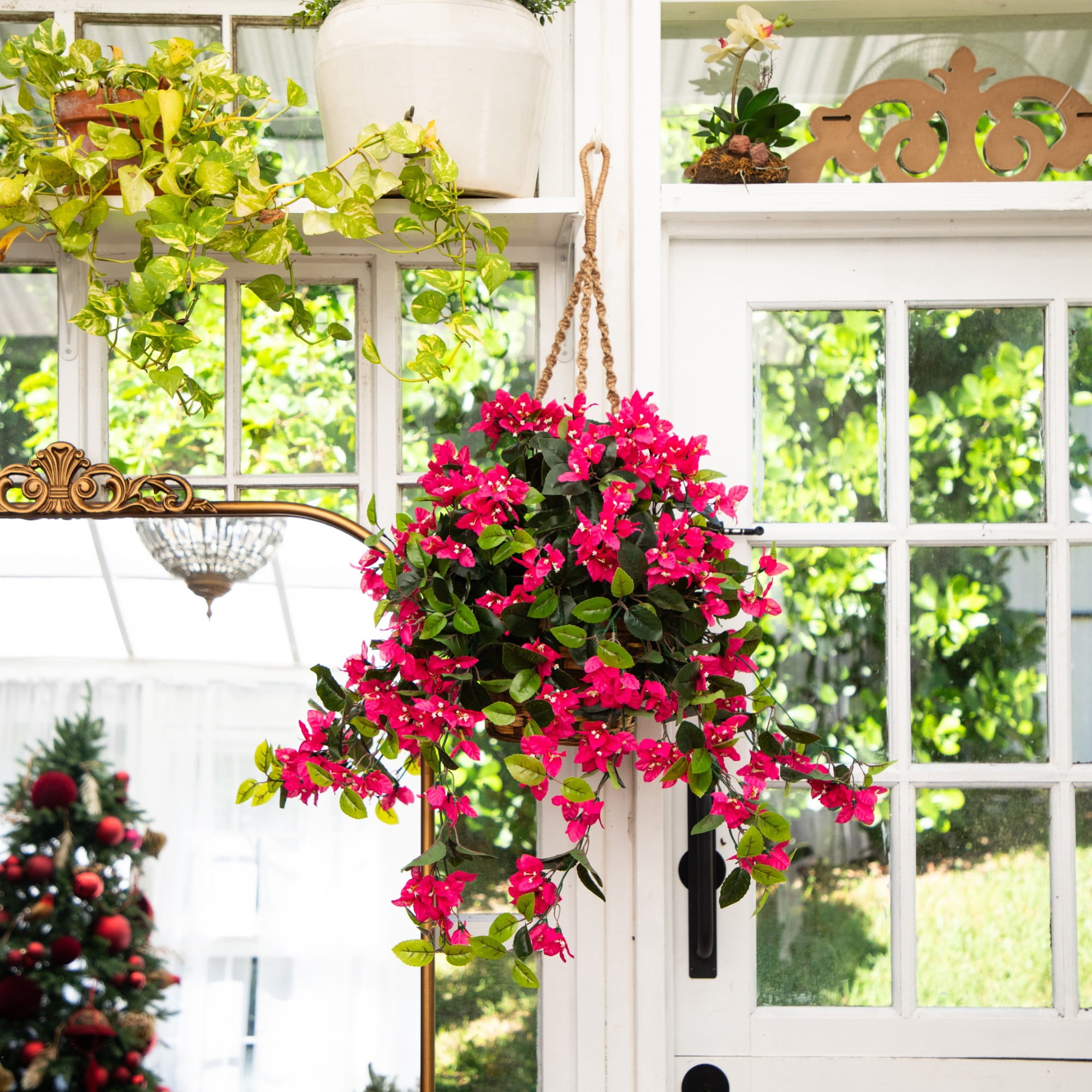 Nearly Natural UV-Resistant Outdoor Artificial Bougainvillea with Hanging Basket - 28" - Pink