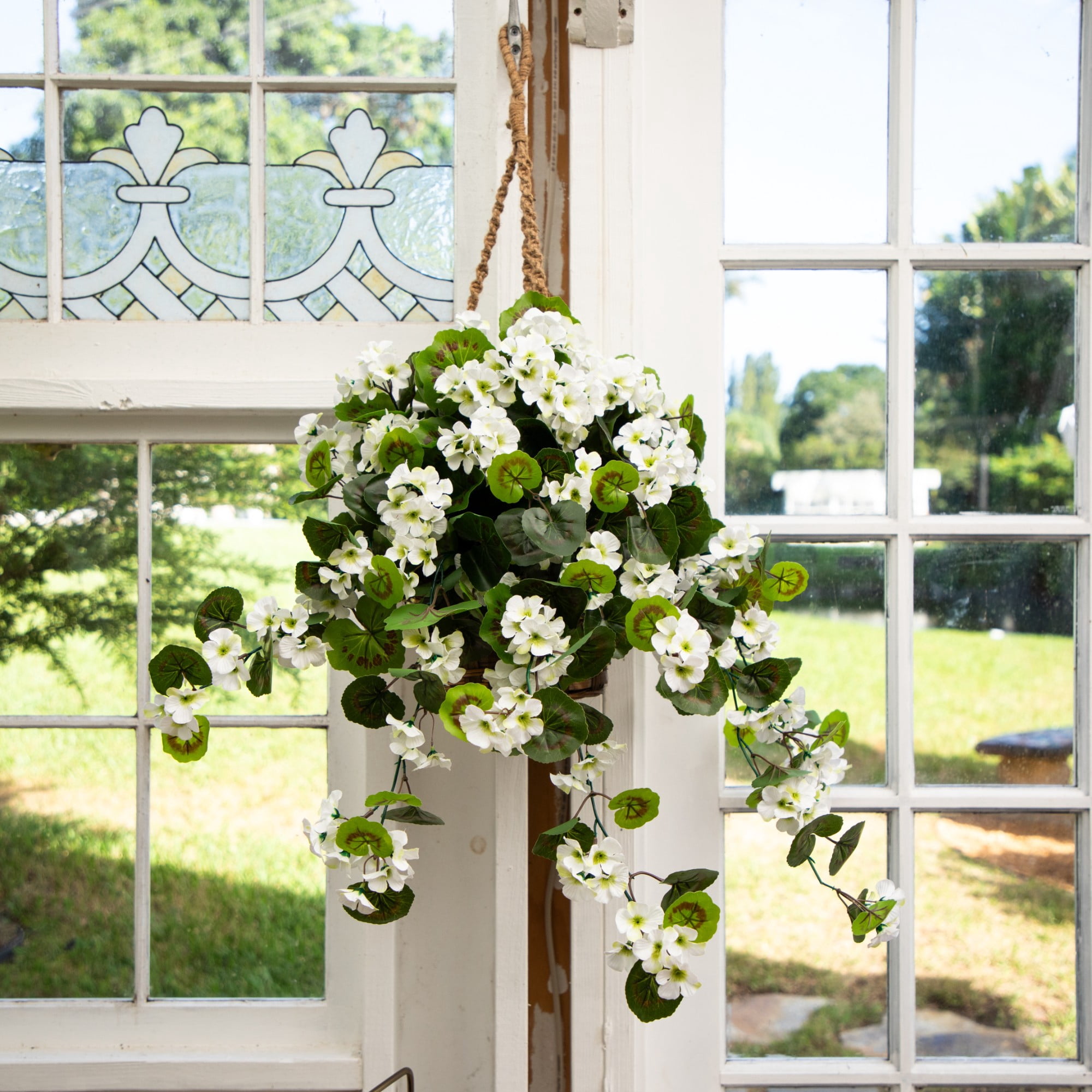 Nearly Natural UV Resistant Outdoor Artificial Geranium in Hanging Basket - 28" - White