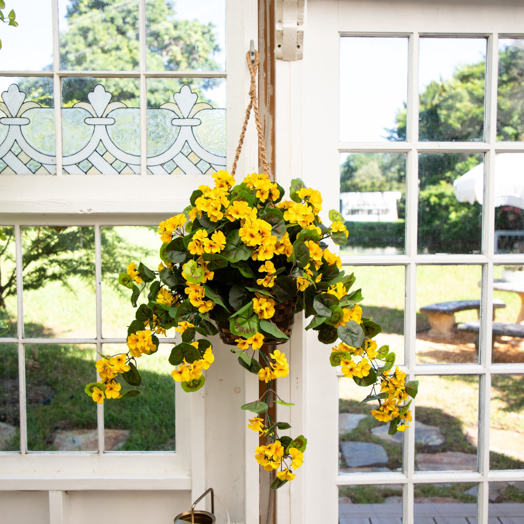 Nearly Natural UV Resistant Outdoor Artificial Geranium in Hanging Basket - 28" - Yellow