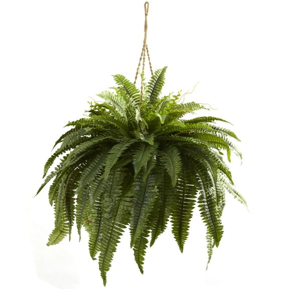 Nearly Natural 29in. Double Giant Boston Fern Artificial Plant in Wicker Hanging Basket