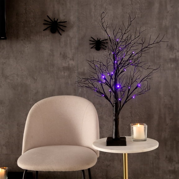 Nearly Natural Battery Operated Black Twig Artificial Halloween Tree - 2' - Dual Color LED Lights