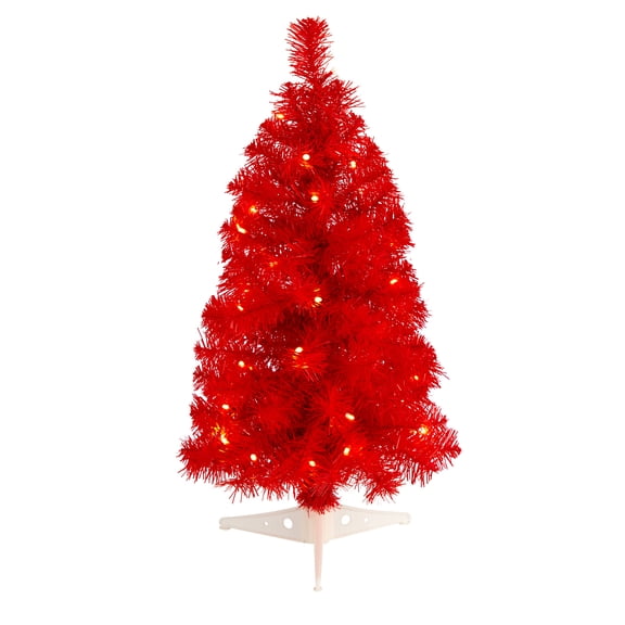 Nearly Natural 2ft. Red Artificial Christmas Tree with 35 LED Lights and 72 Bendable Branches